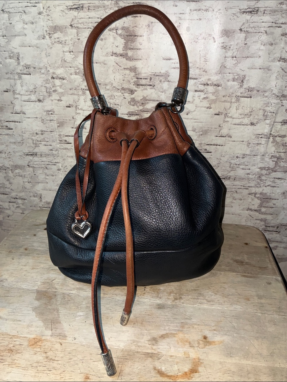 Brighton Black Leather Bucket Hobo with Brown Trim - Picture 1 of 9